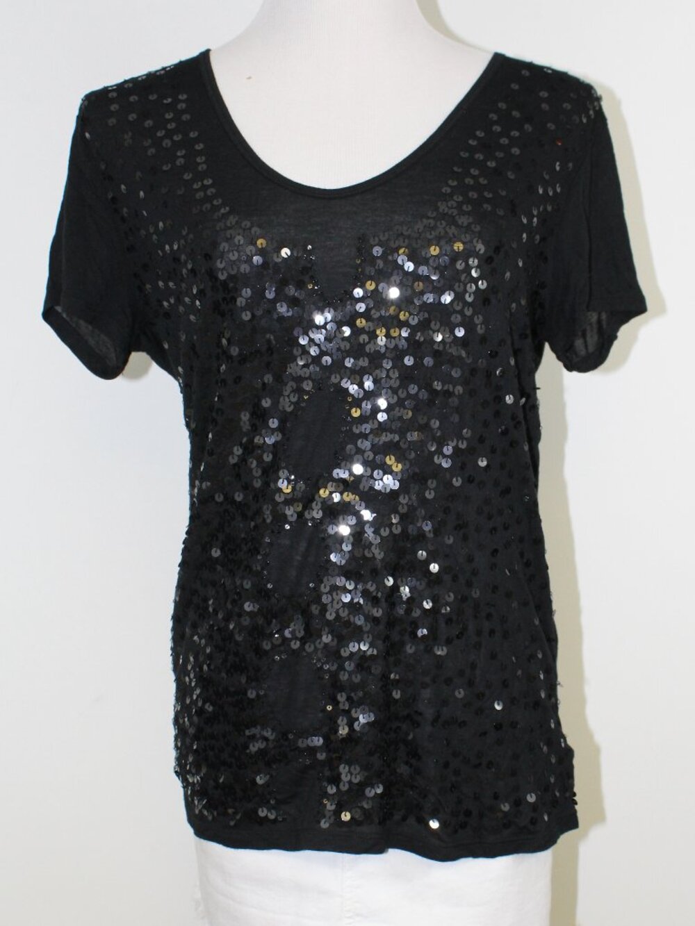 Tory Burch Sequin Tee Black Modal V‎ Neck Party Top Small Euro Night Out